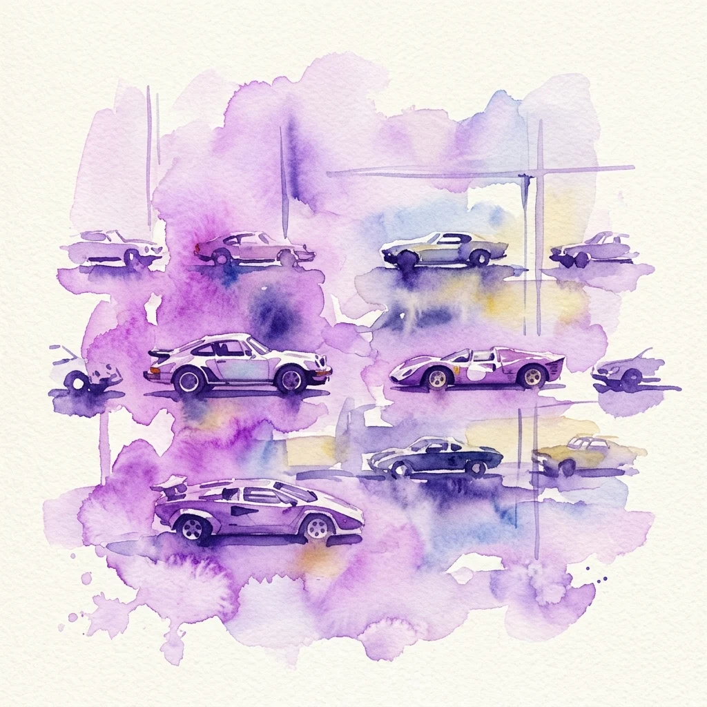 Waterverfillustratie van schaalmodelauto's van 1:43, waaronder vintage Porsches, Ferrari's en Lamborghini's, tentoongesteld in een museumomgeving met paarse en blauwe tinten.