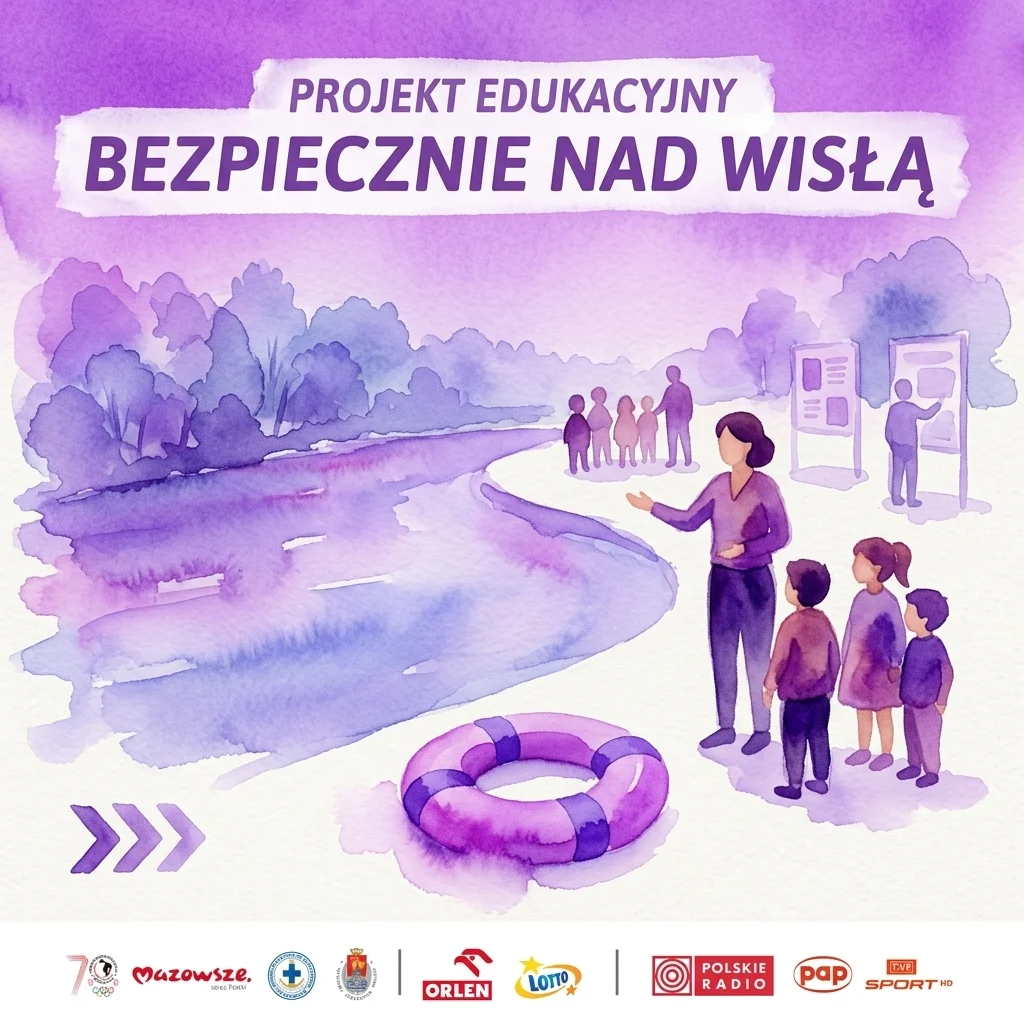 Illustratie van kinderen en docenten die leren over waterveiligheid bij een rivier, onderdeel van het 'Bezpiecznie Nad Wisłą' educatieve programma, met een reddingsboei en museumexposities op de achtergrond.