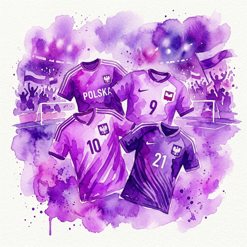 Ilustracja akwarelowa czterech koszulek polskiej reprezentacji piłkarskiej w odcieniach fioletu, z numerami 10, 9, 21 oraz koszulką z napisem 'POLSKA', na tle żywiołowo kibicujących fanów i stadionu.