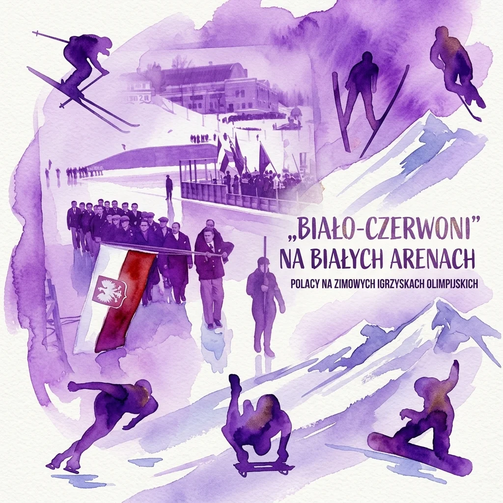 Ilustracja akwarelowa polskich sportowców uprawiających sporty zimowe, w tym narciarstwo, snowboarding i łyżwiarstwo, z grupą niosącą polską flagę na zaśnieżonym obiekcie olimpijskim.