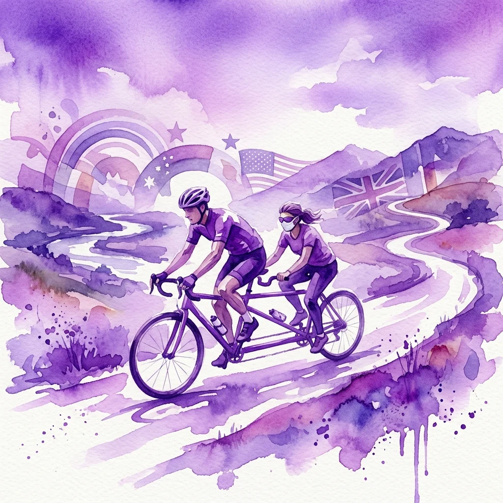 Een aquarelillustratie van twee fietsers op een tandemfiets, de één stuurt de ander, die een schilderachtige route afleggen met vlaggen van de VS en het VK op de achtergrond, wat het Blind Race-evenement ter promotie van paracycling symboliseert.