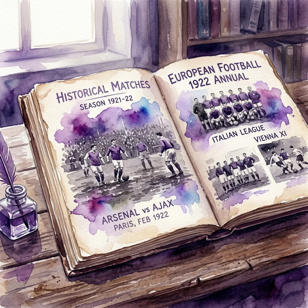 Otwarty historyczny rocznik piłkarski z 1922 roku, ukazujący strony z ilustracjami meczów i drużyn, w tym Arsenal vs Ajax i Serie A, wyłożony na drewnianym stole w archiwum muzealnym.