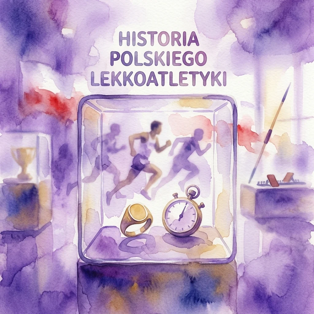 Watercolor illustration of a museum display case featuring a gold signet ring, a stopwatch, and silhouettes of runners, with the text 'HISTORIA POLSKIEGO LEKKOATLETYKI' above, commemorating Janusz Kusociński's legacy.