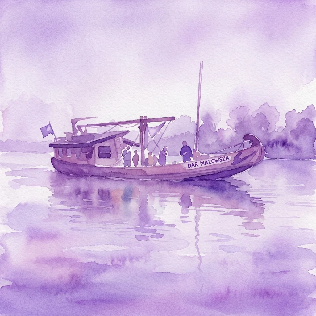 Een aquarelillustratie van de historische Poolse boot 'Dar Mazowsza' op de rivier de Wisła, met een bemanning aan dek tijdens de eerste technische reis.