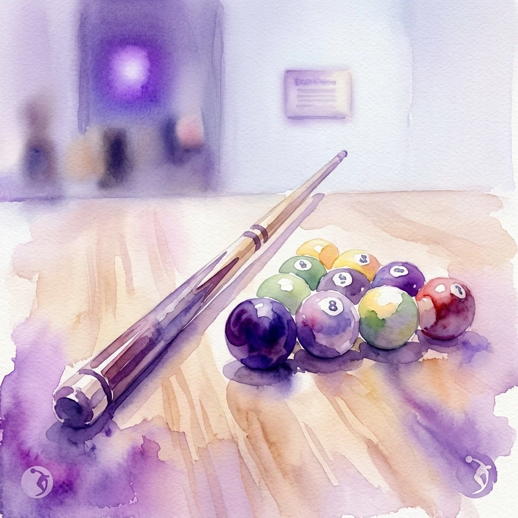 Een aquarelillustratie van een vintage biljartkeu en een rek met kleurrijke biljartballen op een houten tafel in een museumgalerij.