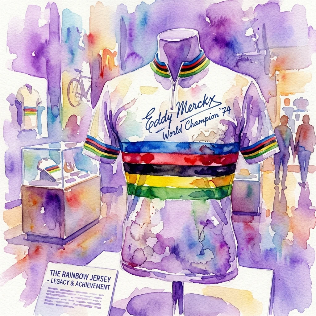 Una ilustración en acuarela de un maillot de ciclismo arcoíris expuesto en un maniquí en una exhibición de museo, con el texto 'Eddy Merckx Campeón del Mundo '74' y un letrero debajo que dice 'El Maillot Arcoíris - Legado y Logro'.