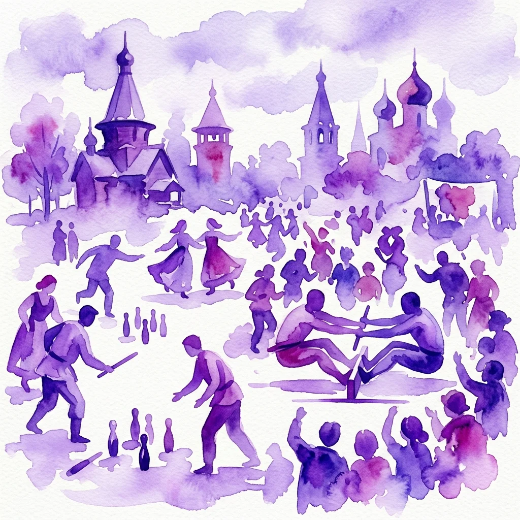A watercolor illustration of traditional Russian folk games and sports, including gorodki and mas-wrestling, set against a backdrop of historic Russian architecture with onion-domed churches.