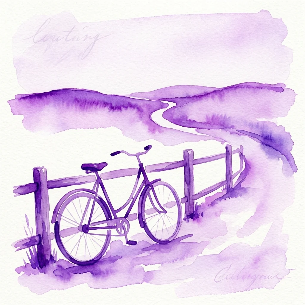Een aquarelillustratie van een vintage fiets die tegen een houten hek leunt, met een kronkelend pad en glooiende heuvels op de achtergrond, wat een gevoel van historische fietsreizen oproept.