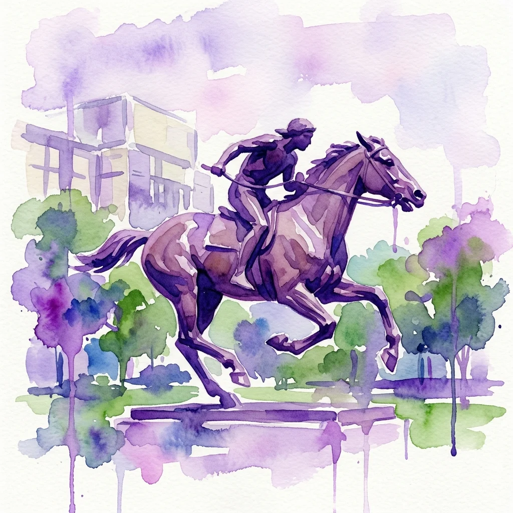 Waterverfillustratie van een bronzen sculptuur die een paard en ruiter in beweging uitbeeldt, geplaatst in een park met op de achtergrond een museumgebouw.