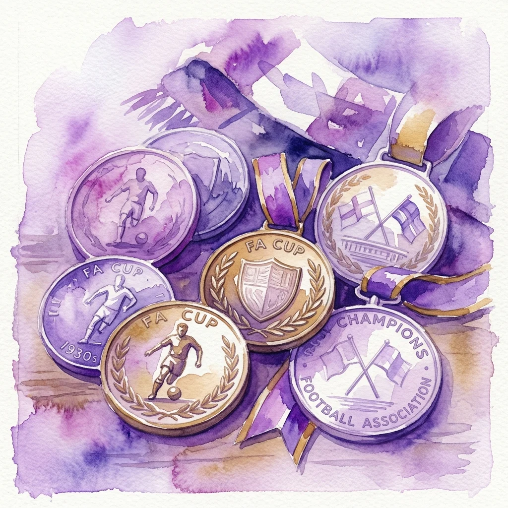 Ilustración en acuarela de monedas y medallas temáticas de fútbol, que incluyen medallas de la FA Cup y de la Football Association Champions, mostradas sobre un fondo morado.
