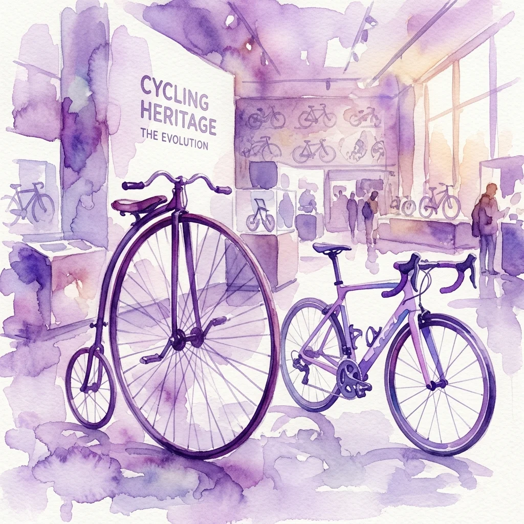 Ilustracja akwarelowa zabytkowego roweru penny-farthing i nowoczesnego roweru szosowego, prezentowana na wystawie muzealnej zatytułowanej 'Dziedzictwo Kolarstwa: Ewolucja'.