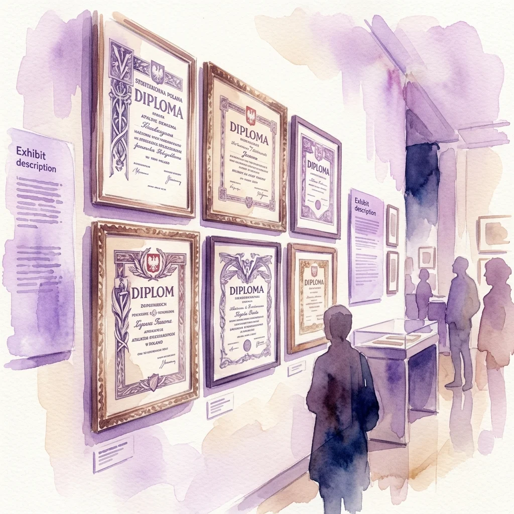 Waterverftekening van een museumgalerij met ingelijste sportdiploma's uit de Tweede Poolse Republiek, met bezoekers die de tentoonstelling bekijken onder zachte verlichting.