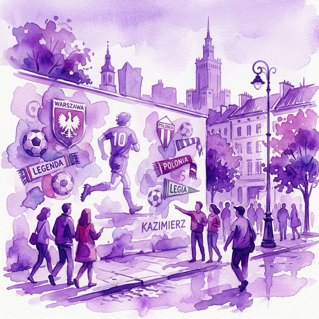 Fioletowa ilustracja akwarelowa sceny ulicznej w warszawskiej dzielnicy Bielany, przedstawiająca mural z legendą piłki nożnej Kazimierzem Górskim, spacerujących ludzi i zabytki w tle.