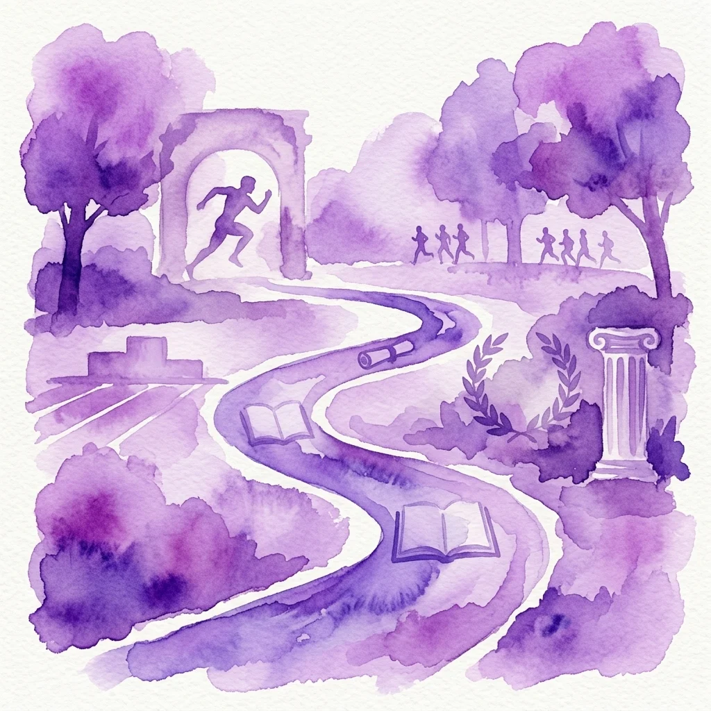 Una ilustración en acuarela púrpura de un sendero educativo para correr sinuoso en un parque, con corredores, libros abiertos, un arco y una columna clásica, que simboliza el Sendero Educativo para Correr Jan Mulak.