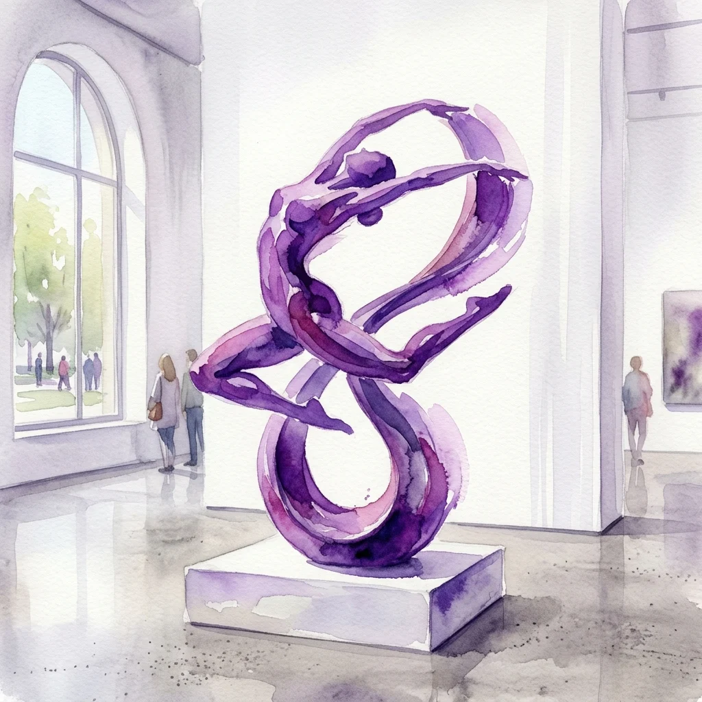 Een aquarelillustratie van een paars abstract beeldhouwwerk dat verstrengelde menselijke figuren in beweging voorstelt, tentoongesteld in een moderne galerie met bezoekers die het kunstwerk observeren.