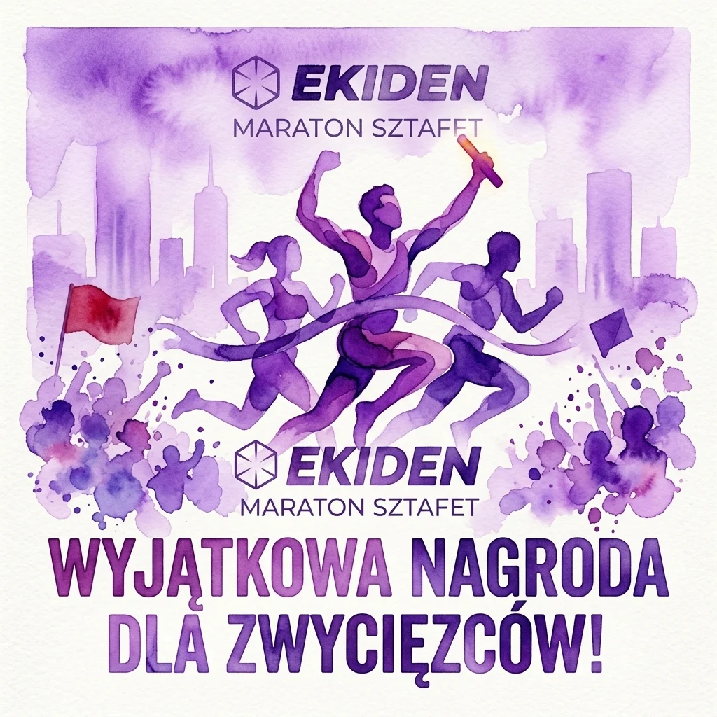 Artystyczna ilustracja akwarelowa biegaczy w maratonie sztafetowym, celebrujących zwycięstwo z pochodnią, na tle panoramy miasta, promująca wydarzenie EKIDEN Maraton Sztafet.