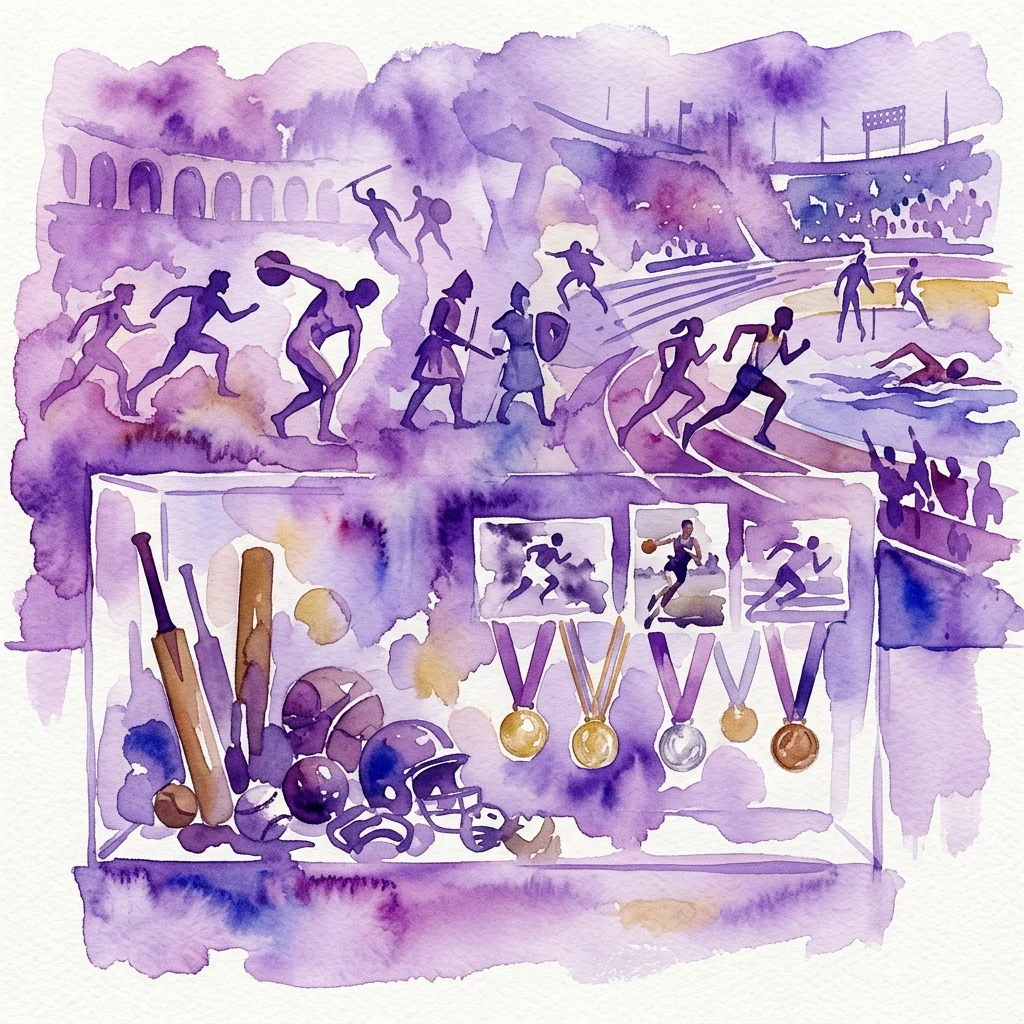 Waterverfillustratie van een museumopstelling met Olympische medailles, sportuitrusting en historische atleten, die de geschiedenis van de Poolse sport en het Olympisme vertegenwoordigt.