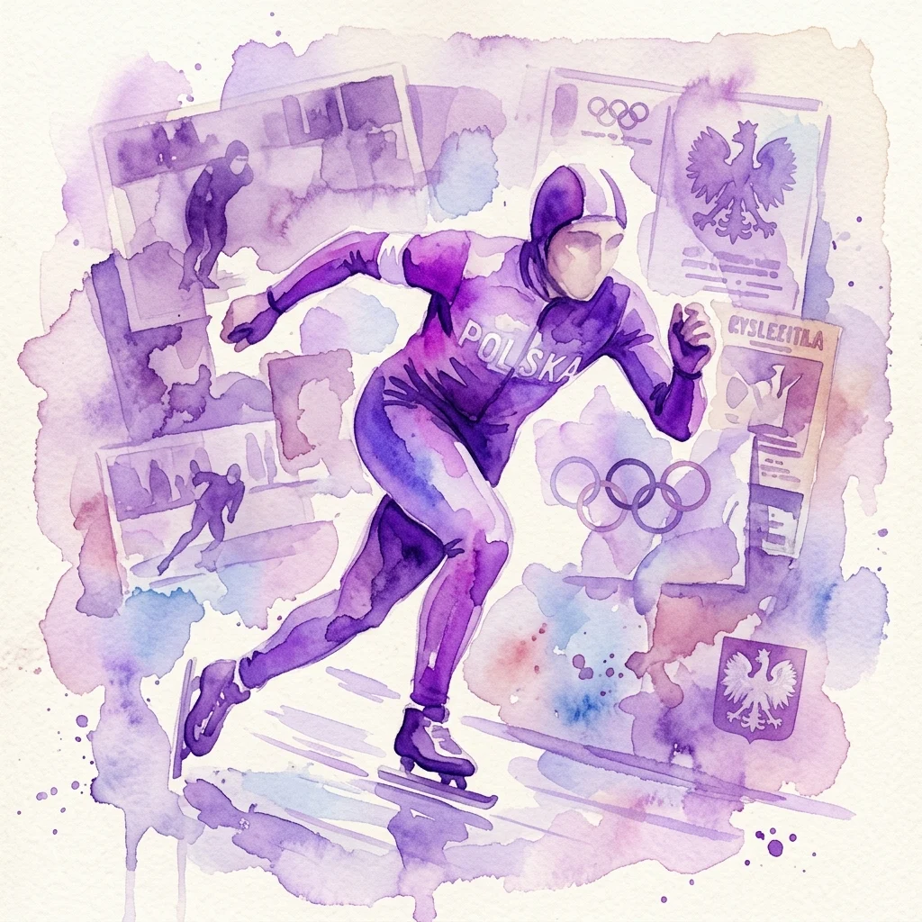 Ilustración en acuarela de una patinadora de velocidad polaca con un traje morado que dice 'POLSKA' en el pecho, rodeada de anillos olímpicos, águilas polacas y fotos de archivo, conmemorando el legado de Elwira Seroczyńska.
