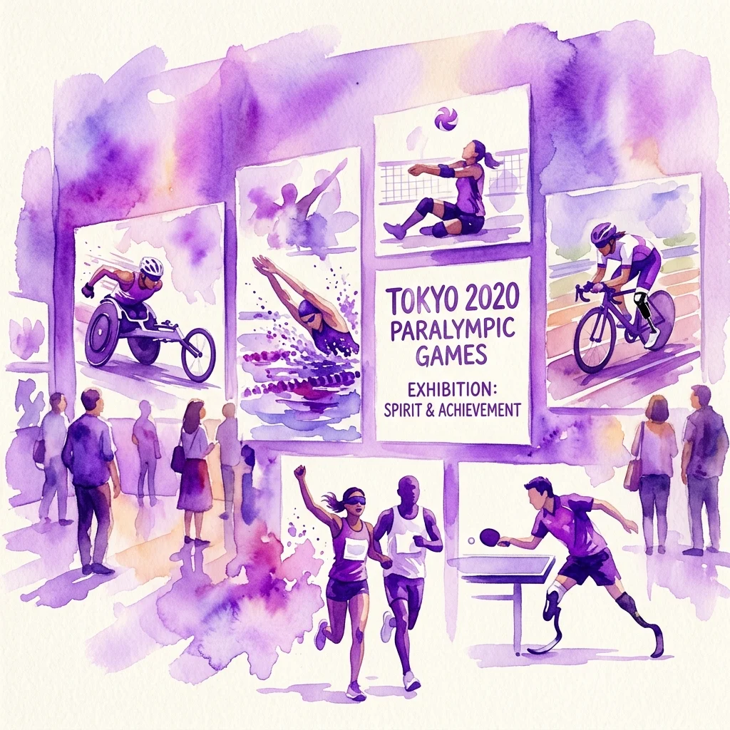 Ilustración en acuarela de la exposición fotográfica de los Juegos Paralímpicos de Tokio 2020, con atletas en carreras en silla de ruedas, natación, voleibol, ciclismo, atletismo y tenis de mesa, y visitantes observando la exhibición.
