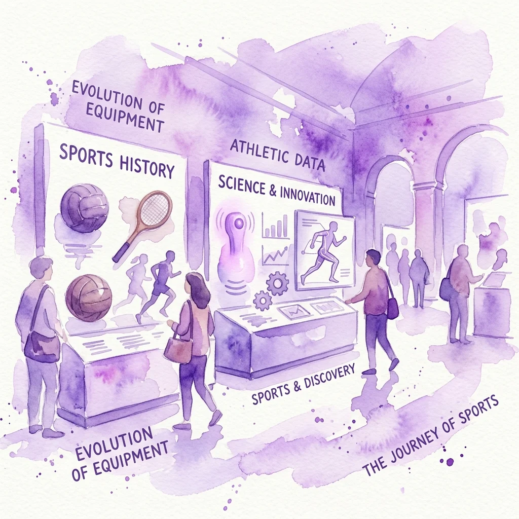 Ilustracja akwarelowa wystawy muzealnej poświęconej historii i nauce o sporcie, prezentująca eksponaty dotyczące ewolucji sprzętu, danych sportowców i odkryć sportowych, z odwiedzającymi zwiedzającymi wystawy.