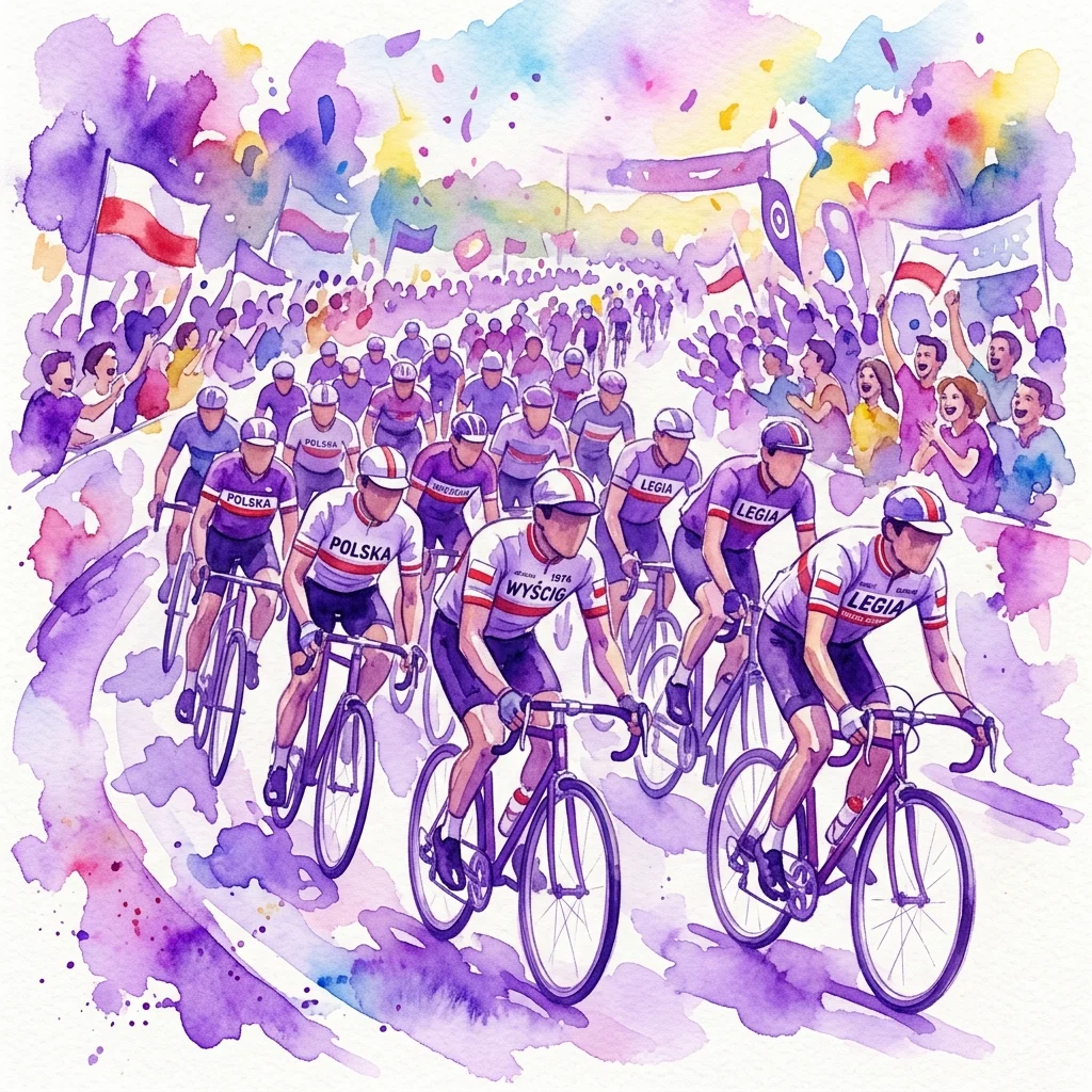 Ilustracja akwarelowa peletonu kolarskiego z zawodnikami w vintage'owych polskich strojach, celebrująca finisaż wystawy 'Peloton' w Muzeum Kolarstwa Polskiego.