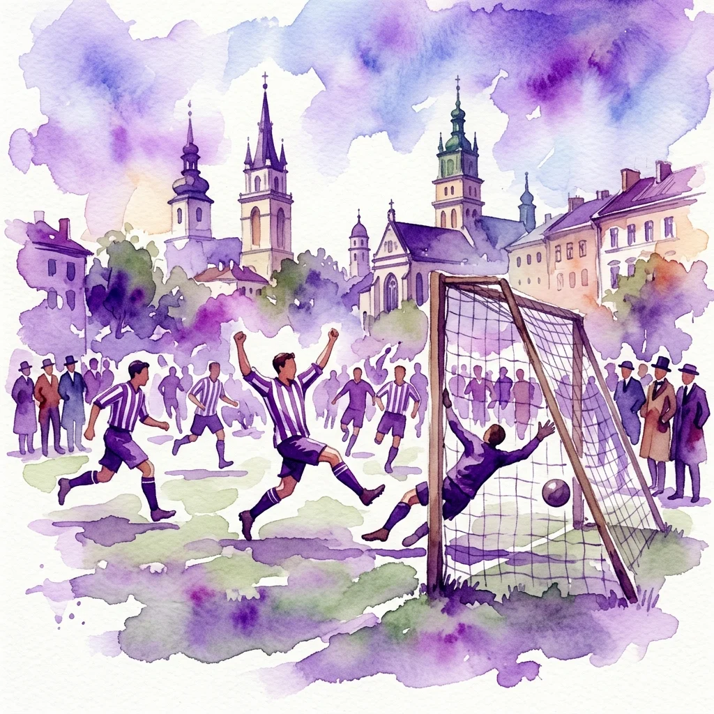 Ilustración en acuarela de un partido de fútbol histórico en Lviv, Polonia, que representa el primer partido documentado en tierras polacas con jugadores con camisetas a rayas y un portero defendiendo la portería.