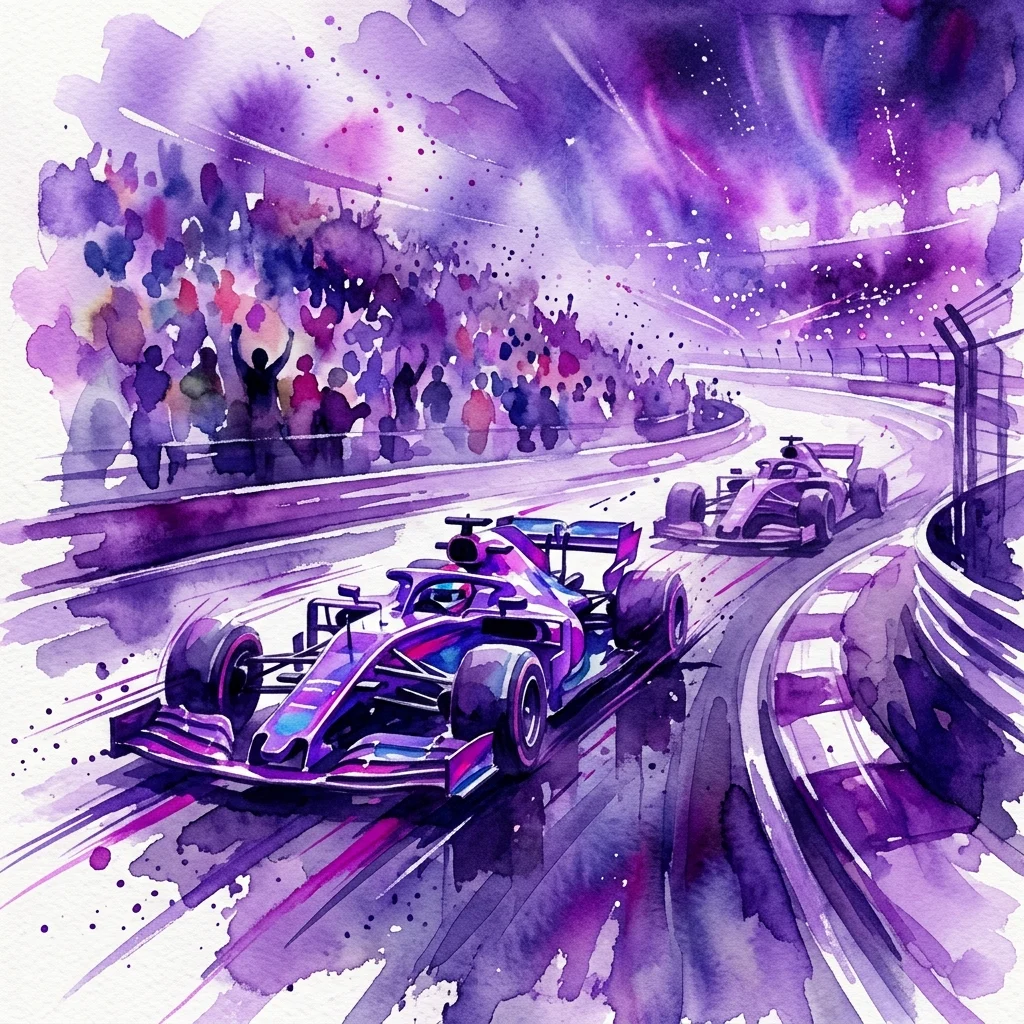 Een levendige aquarelillustratie van twee Formule 1-auto's die op een circuit racen, met een juichende menigte op de achtergrond, weergegeven in dynamische paarse en roze tinten.