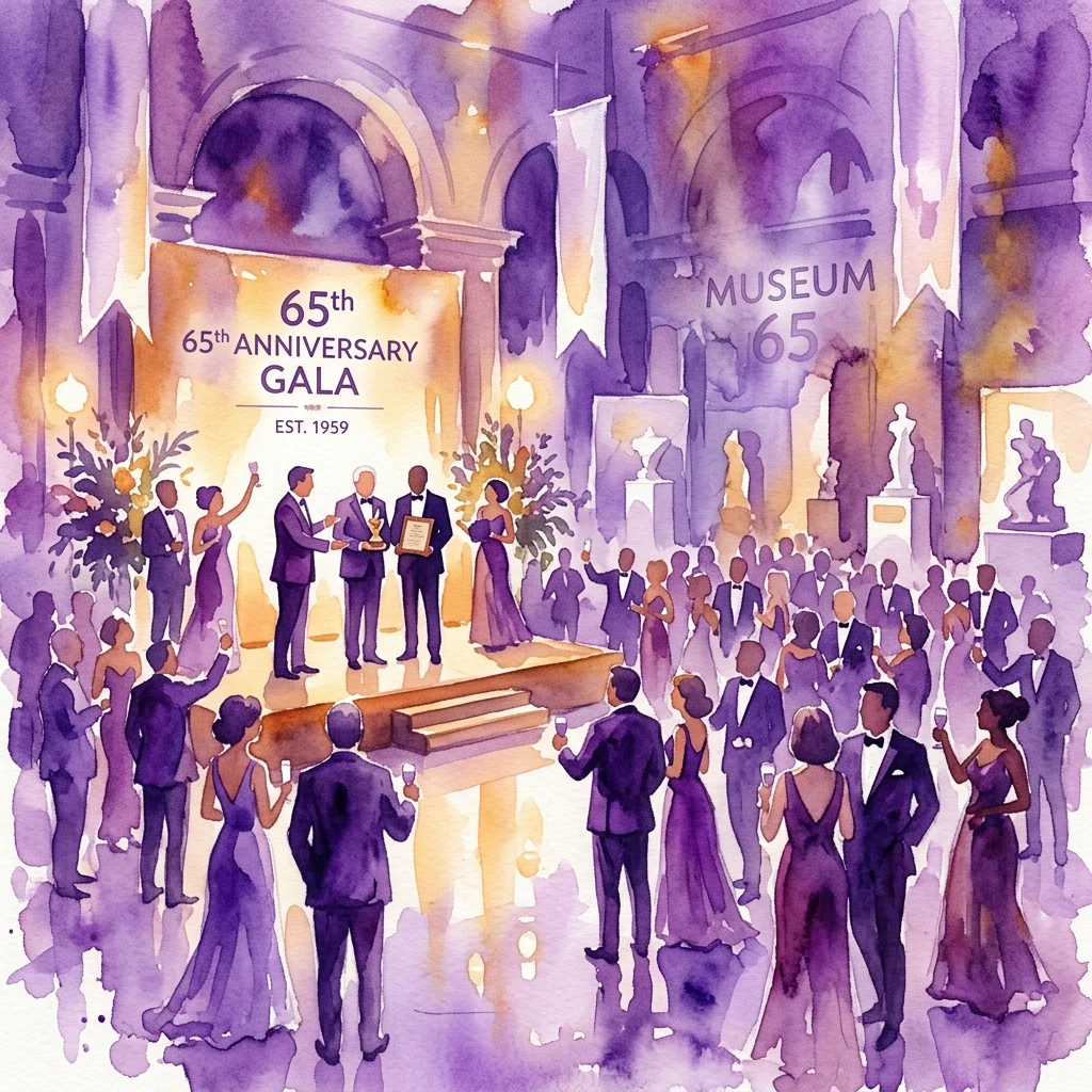 Ilustracja akwarelowa formalnej gali z okazji 65. rocznicy Muzeum Sportu i Turystyki w Warszawie, z gośćmi w strojach wieczorowych, wręczeniem nagród i scenografią na scenie z tytułem wydarzenia i logo muzeum.