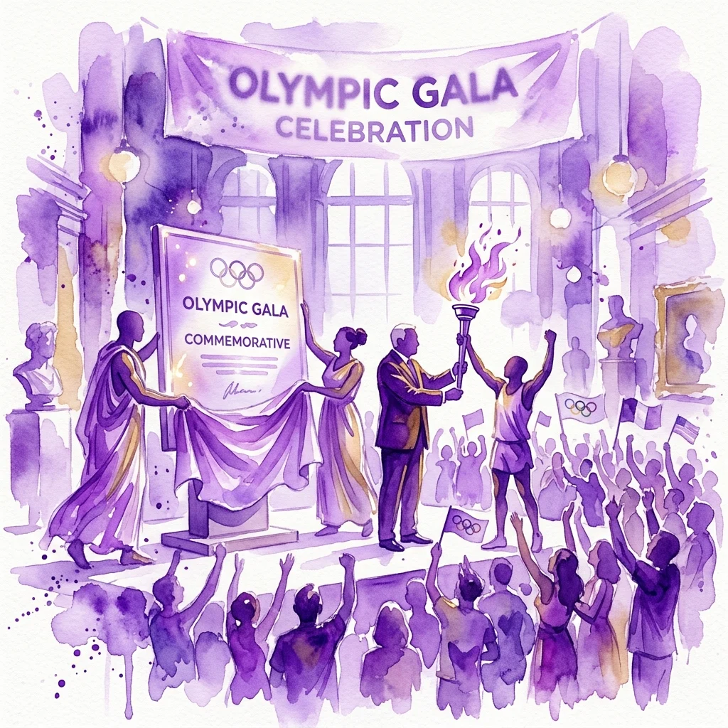 Ilustracja akwarelowa gali olimpijskiej Olympic Gala 2018, przedstawiająca sportowców i oficjeli odsłaniających pamiątkową tablicę oraz wręczających pochodnię olimpijską na scenie z wiwatującym tłumem.
