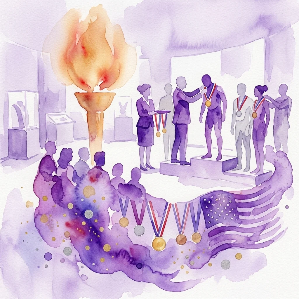 Ilustracja akwarelowa ceremonii Gali Olimpijskiej przedstawiająca sportowców odbierających medale na podium, z pochodnią olimpijską i medalami wyeksponowanymi z flagą USA, celebrująca osiągnięcia sportowe.