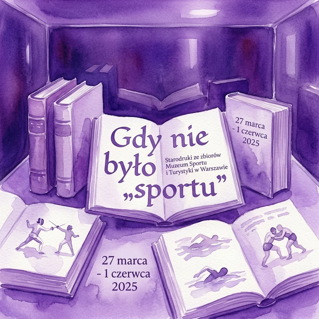 Ilustracja antycznych ksiąg na muzealnej ekspozycji, zawierająca historyczne rysunki szermierki, pływania i zapasów, promująca wystawę 'Gdy nie było "sportu"' w Muzeum Sportu i Turystyki w Warszawie, w dniach 27 marca - 1 czerwca 2025.