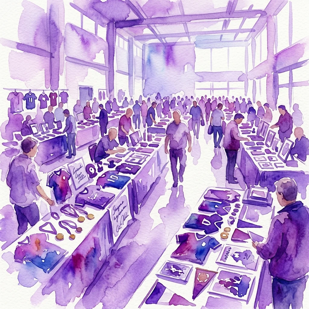Watercolor illustration of a sports memorabilia collectors' fair with tables displaying jerseys, medals, and signed items, people browsing in a bright hall.