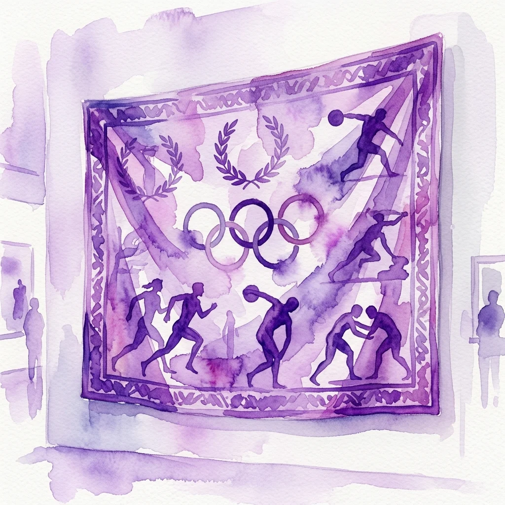 Un gran tapiz morado con símbolos olímpicos y atletas en movimiento, expuesto en una galería de museo.
