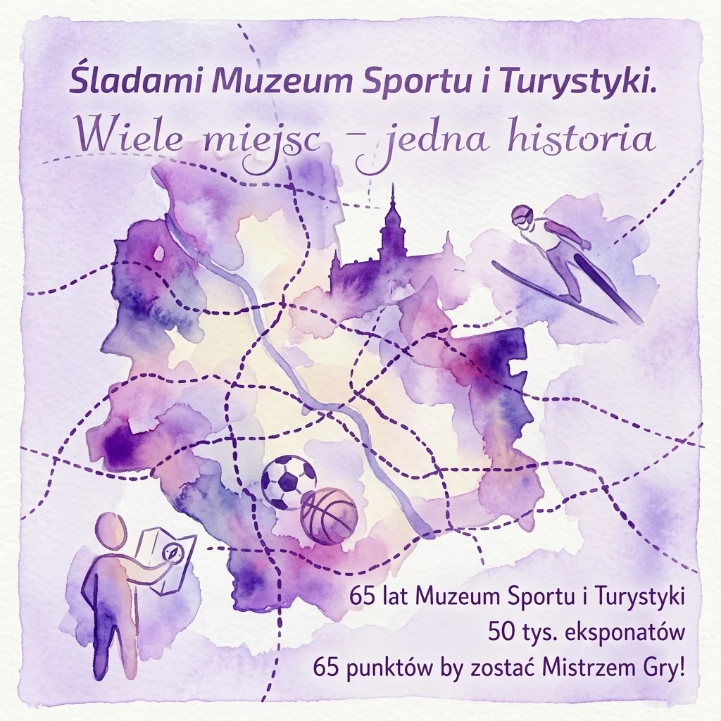 Mapa akwarelowa Warszawy z liniami kropkowanymi łączącymi punkty orientacyjne, przedstawiająca narciarza, piłki sportowe i osobę z mapą, promująca grę miejską 'Ślady Muzeum Sportu i Turystyki' z okazji 65. rocznicy.