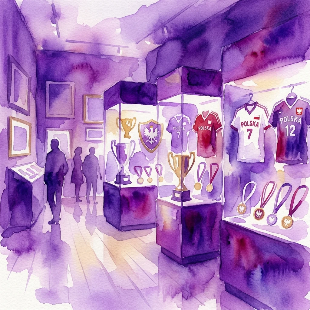 Waterverfillustratie van de tentoonstelling 'Gramy o Medale - Siatkarska Bajka', met Poolse volleybaltrofeeën, medailles en truien in een museumgalerij met bezoekers.