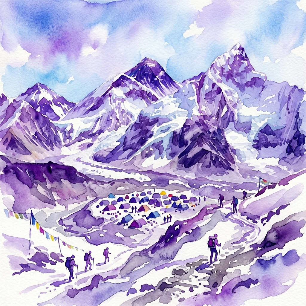 Ilustracja akwarelowa górskiego obozu w Himalajach z wspinaczami i namiotami otoczonymi ośnieżonymi szczytami pod fioletowo-niebieskim niebem.