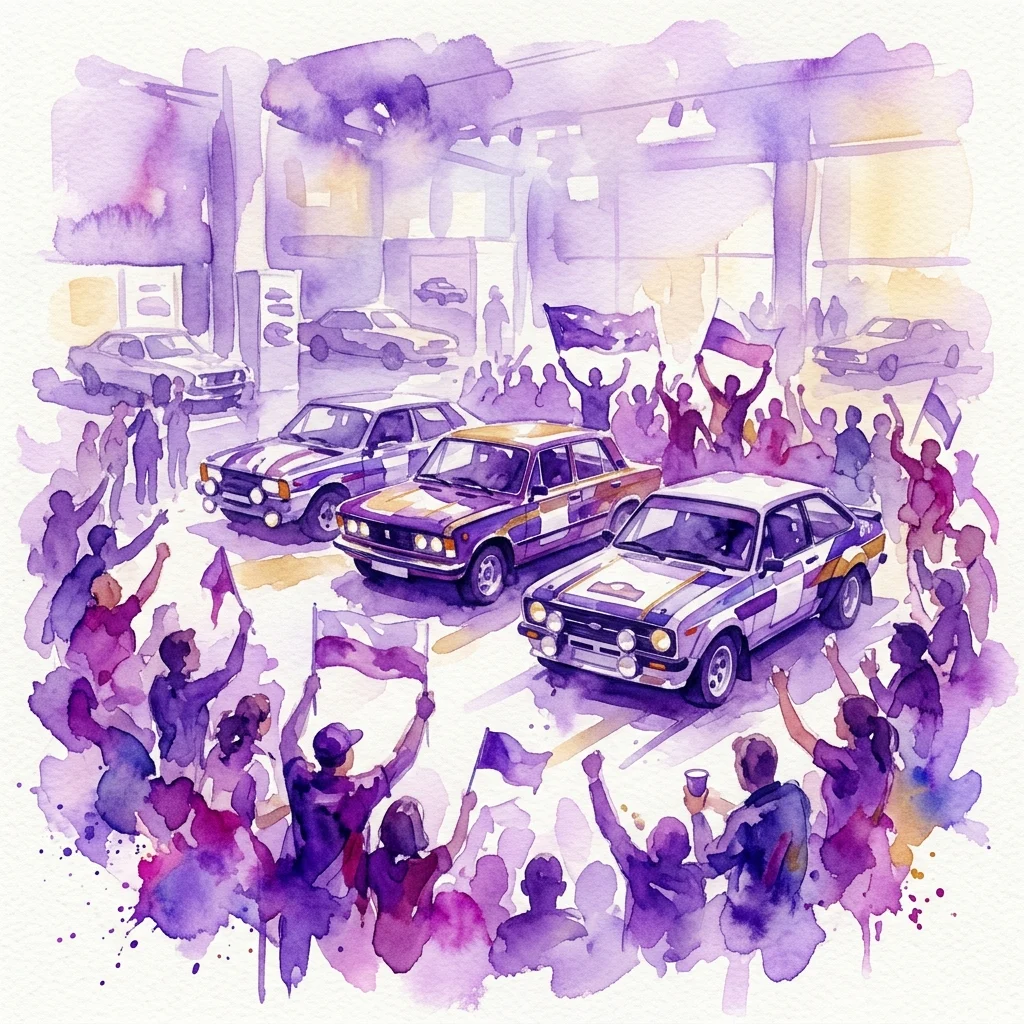 Ilustracja akwarelowa zabytkowych polskich samochodów rajdowych i wiwatujących tłumów na wystawie Gwiazdy Polskiego Automobilizmu, upamiętniająca legendarne polskie mistrzynie sportów motorowych.