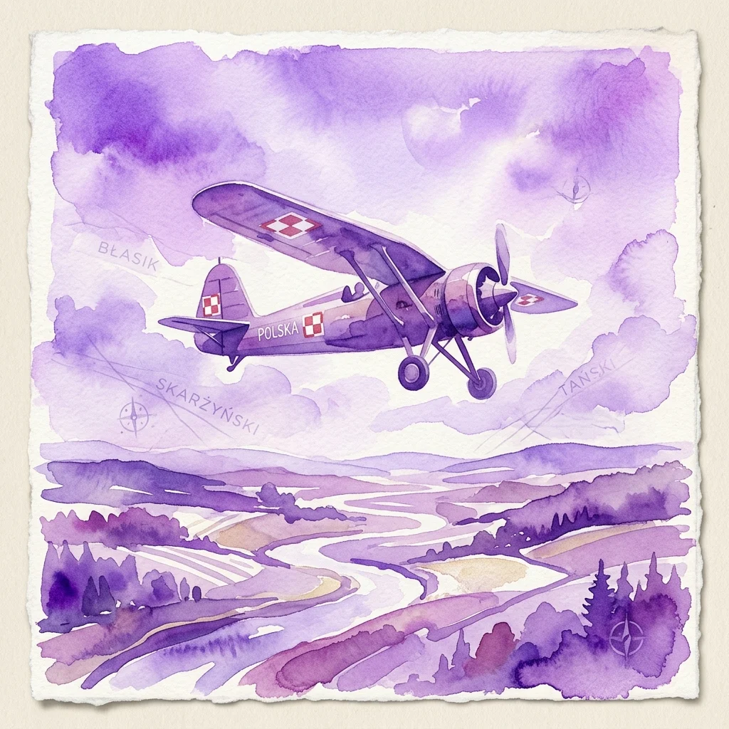 Ilustracja akwarelowa zabytkowego polskiego samolotu PZL w locie nad fioletowym krajobrazem, z nazwiskami pionierów lotnictwa, takich jak Skarżyński i Tanski, reprezentująca wystawę 'Gwiazdy Polskiego Lotnictwa'.
