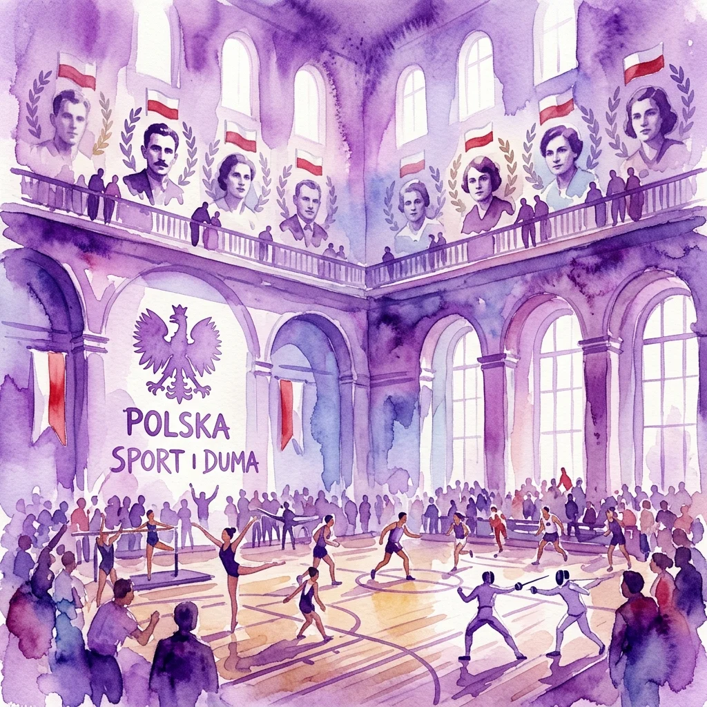 Waterverfillustratie van een historische sporthal met strijdende atleten, portretten van Poolse sportlegendes op balkons en een Pools adelaarembleem met de tekst 'Polska Sport i Duma', ter herdenking van de sportprestaties van het interbellum Polen.