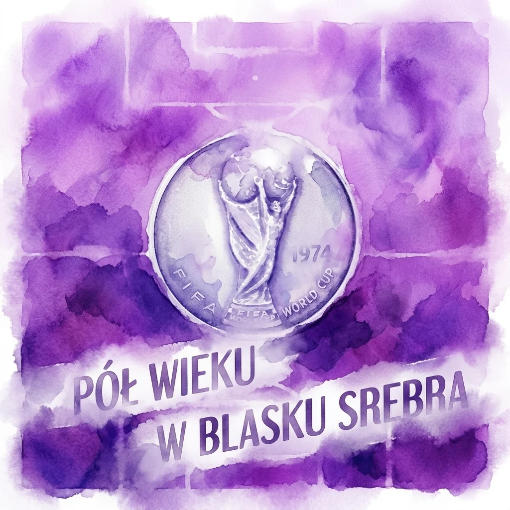 Una medalla plateada vintage de la Copa Mundial de la FIFA de 1974 con el trofeo del torneo, sobre un fondo de acuarela púrpura con el texto polaco 'PÓŁ WIEKU W BLASKU SREBRA' (Medio siglo en el resplandor de la plata).