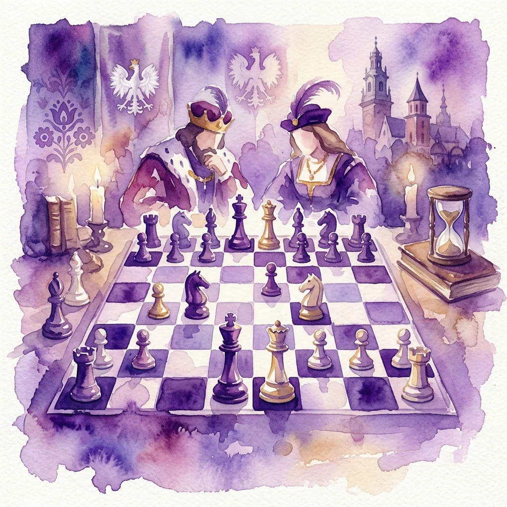 Ilustracja akwarelowa gry w szachy z dwiema postaciami w historycznych strojach, przedstawiająca polskie orły i panoramę miasta, symbolizująca stulecie Polskiego Związku Szachowego.