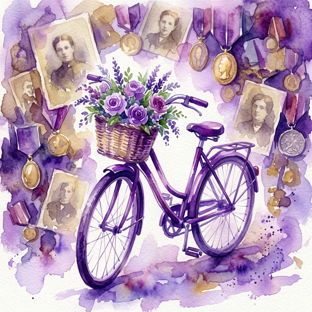 Ilustracja akwarelowa zabytkowego fioletowego roweru z koszykiem fioletowych kwiatów, otoczona starymi fotografiami i medalami, symbolizująca 90-letnią historię klubu kolarskiego Legia.