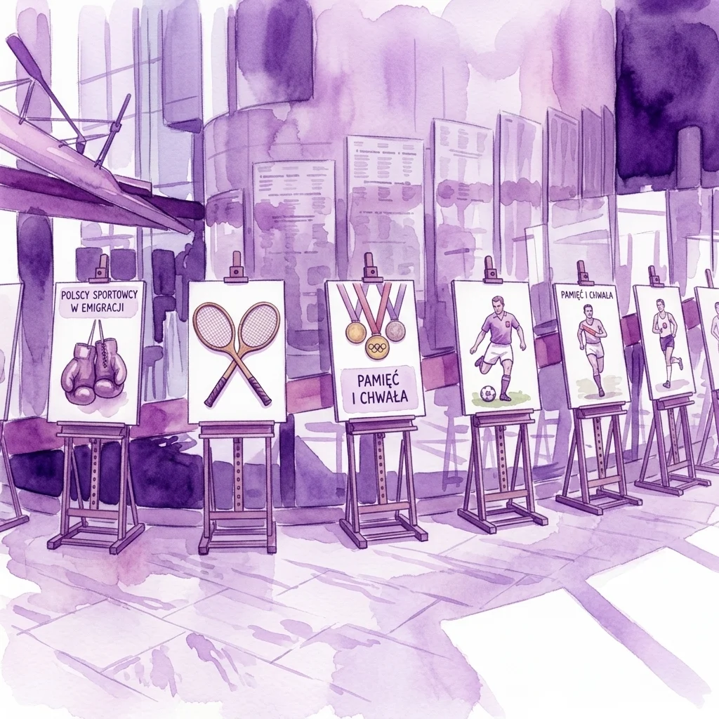 Ilustración de una exhibición de exhibición con memorabilia deportiva vintage, incluyendo guantes de boxeo, raquetas de tenis, medallas olímpicas y fotos históricas de atletas polacos, con etiquetas de texto en polaco como 'Polscy Sportowcy w Emigracji' y 'Pamięć i Chwała'.