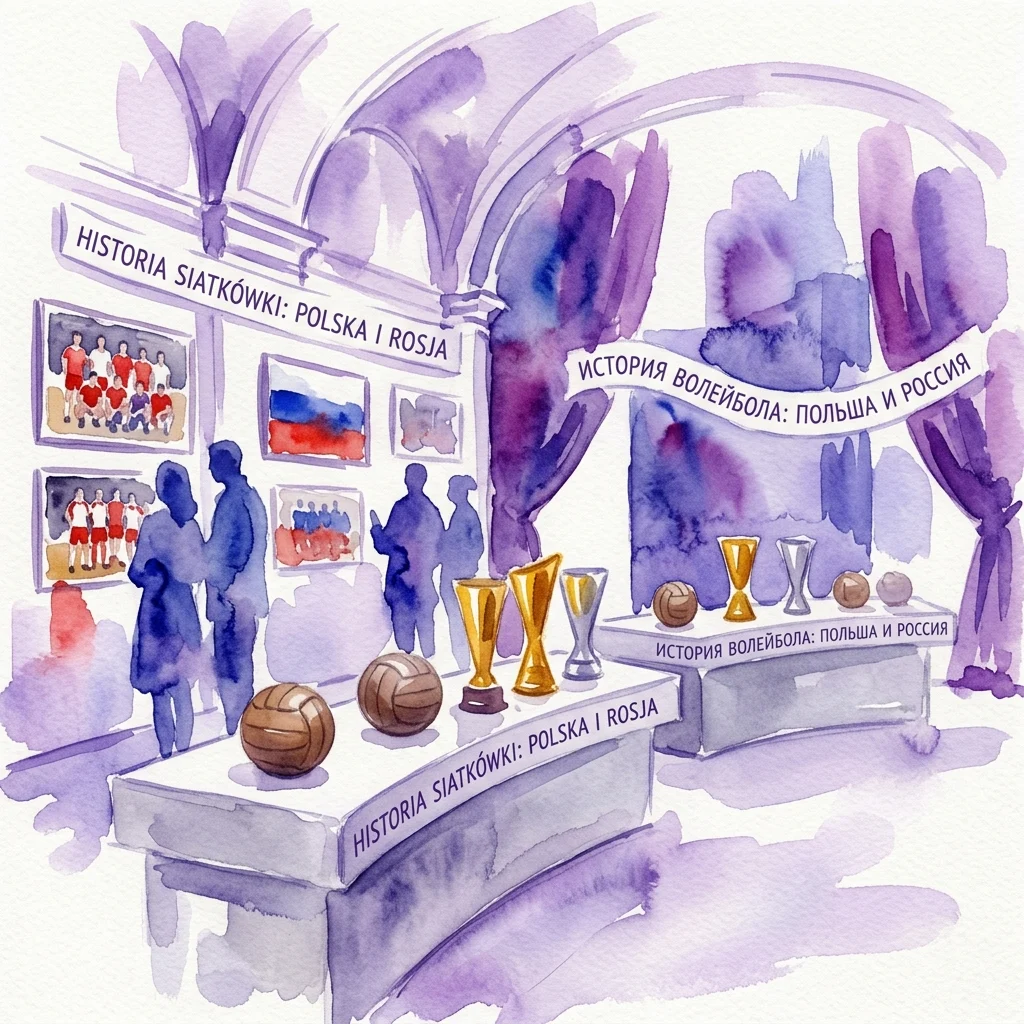 Ilustracja akwarelowa wystawy 'Historia Polskiej i Rosyjskiej Siatkówki', prezentująca zabytkowe trofea, piłki siatkowe, zdjęcia drużynowe i dwujęzyczne oznakowanie w języku polskim i rosyjskim na wystawie kulturalnej.
