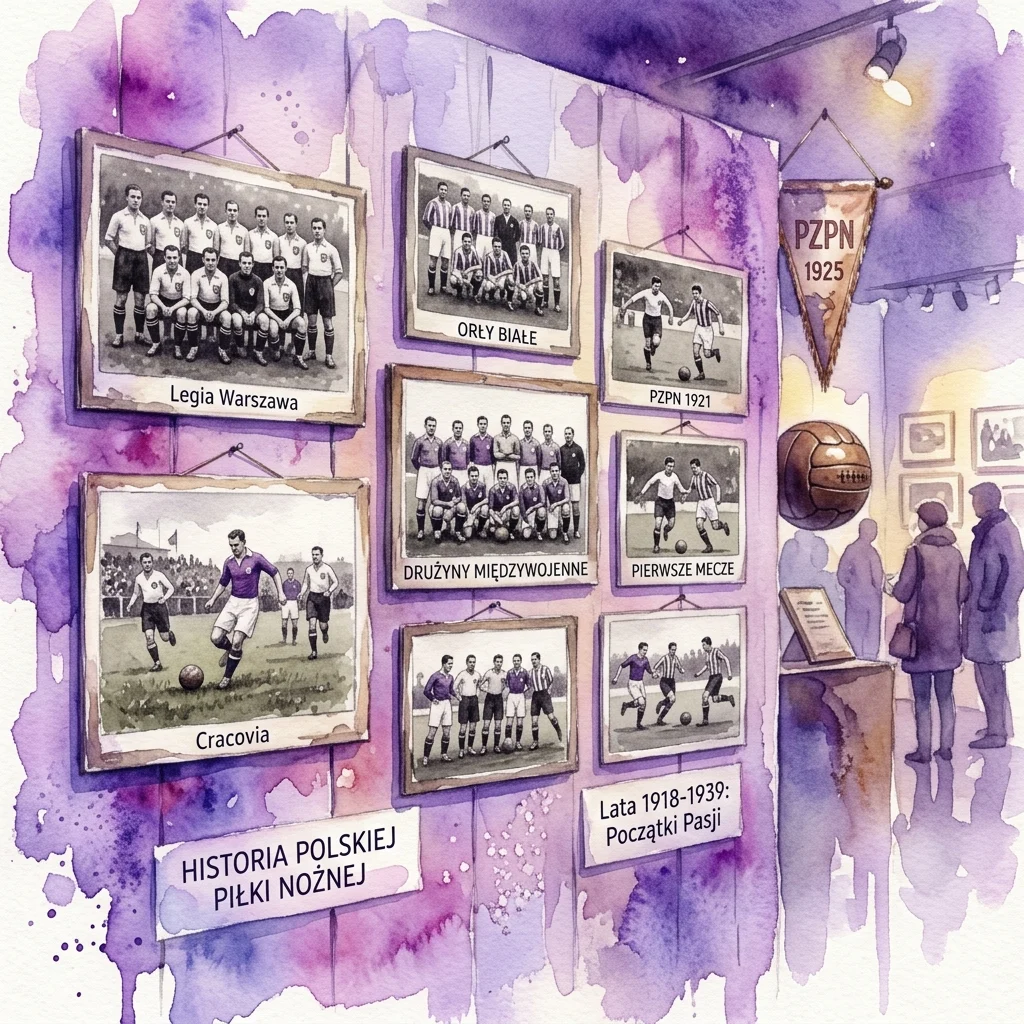 Waterverfillustratie van een museummuur met historische zwart-witfoto's van vroege Poolse voetbalteams en wedstrijden uit het interbellum, waaronder Legia Warszawa, Cracovia en PZPN, met informatiebordjes en een vintage voetbal.