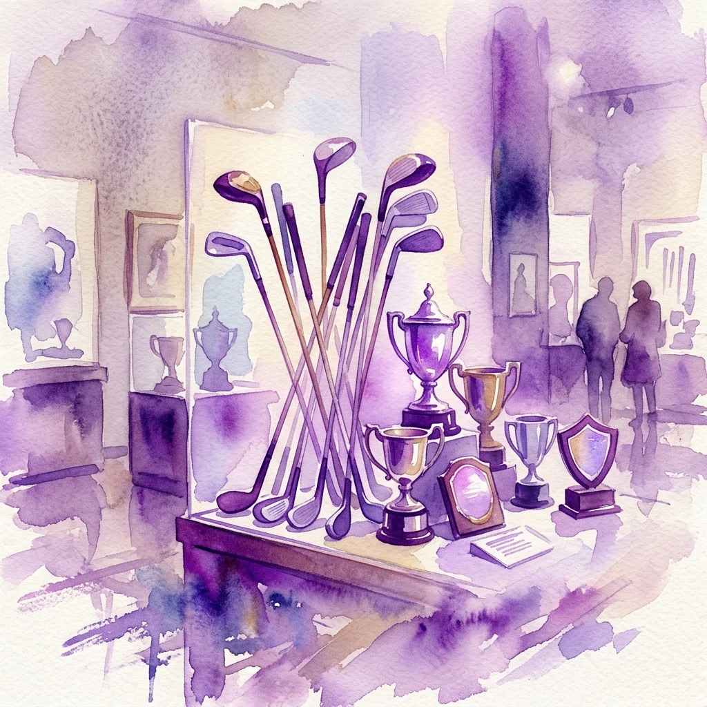 Ilustracja akwarelowa wystawy muzealnej prezentującej zabytkowe kije golfowe i trofea, ukazująca historyczny rozwój golfa w delikatnym fioletowym oświetleniu.