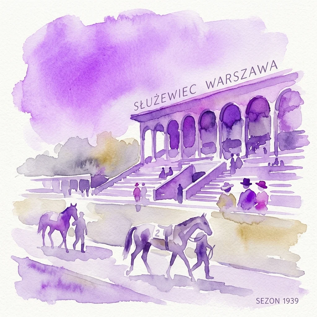 Waterverfillustratie van de Służewiec paardenrenbaan in Warschau, met tribunes, paarden en jockeys, met de tekst 'SŁUŻEWIEC WARSZAWA' en 'SEZON 1939', ter herdenking van het race-seizoen van 1939.