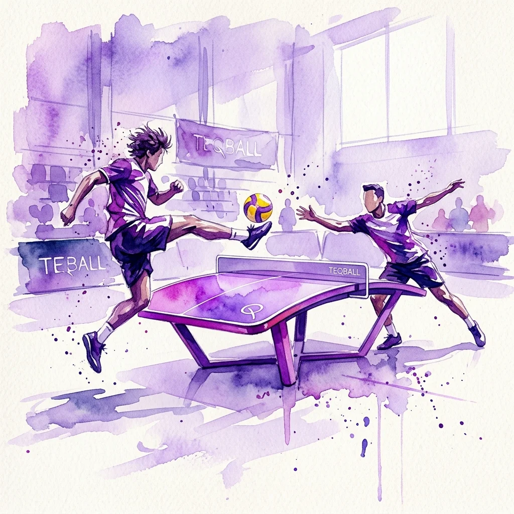 Waterverfillustratie van twee atleten die Teqball spelen op een gebogen tafel, waarbij de ene de bal schopt en de andere zich voorbereidt om hem terug te spelen, in een moderne sporthal.