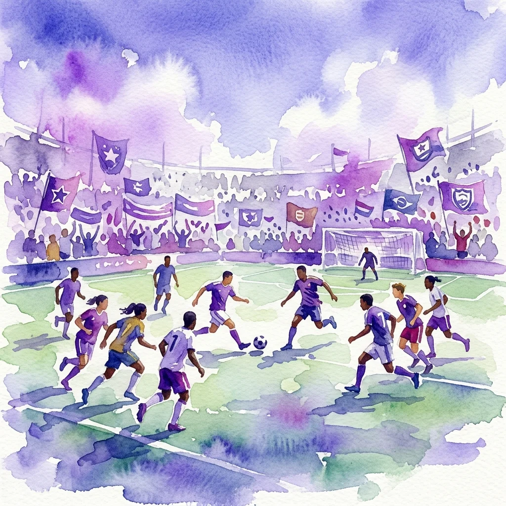 Ilustración en acuarela de un partido de fútbol en el I Mistrzostwa Warszawy Instytucji Kultury, que muestra a los jugadores en acción en un campo con espectadores y banderas bajo un cielo púrpura.