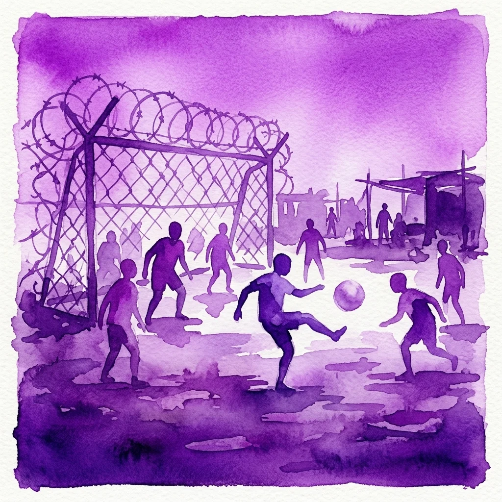 Een paarse aquarelillustratie die gevangenen afbeeldt die voetbal spelen in een omheining met prikkeldraad, als symbool voor veerkracht en sport in tegenspoed.